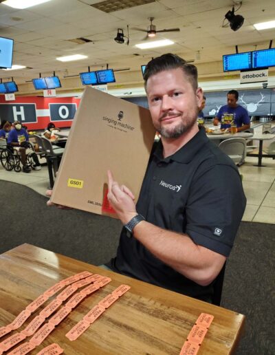 man pointing at box