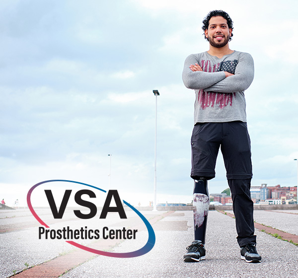 VSA Prosthetics logo overlaying an image of a man with a prosthetic leg.